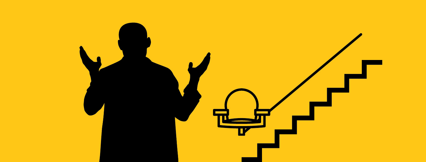 black man silhouette next to a black stair lift silhouette on yellow background 