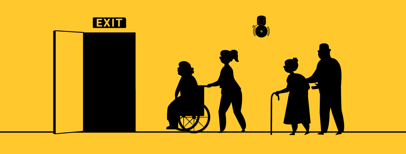 Silhouette of elderly people being helped towards an exit during an evacuation
