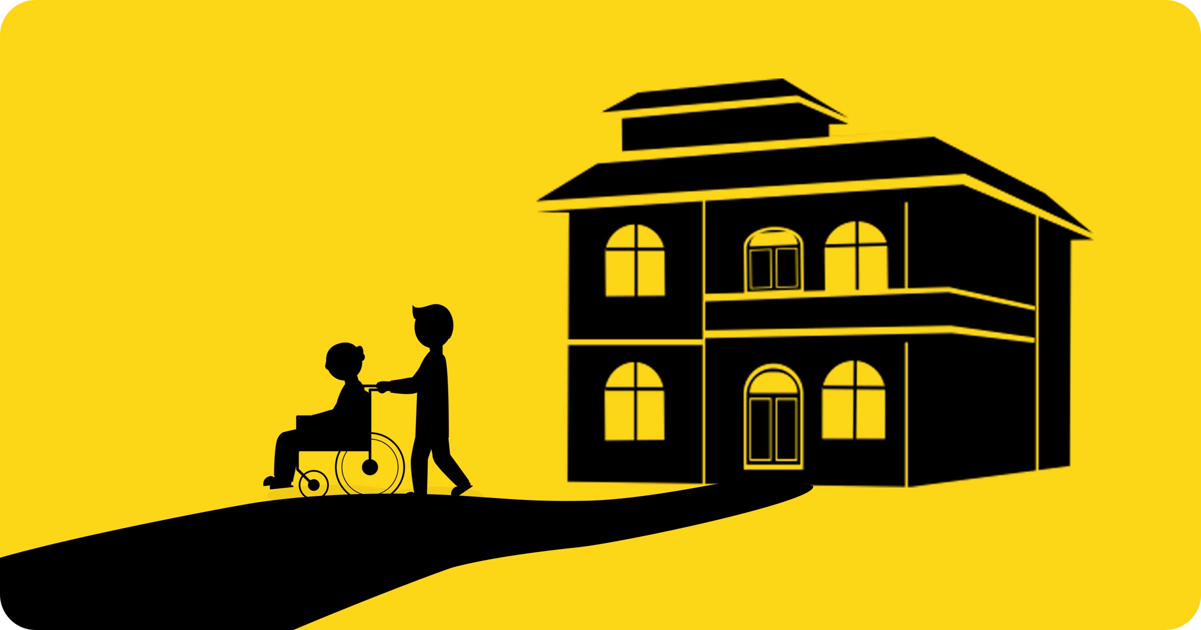 Yellow background with a black silhouette of an elderly impaired user in a wheelchair being pushed by a caregiver out of a care facility.