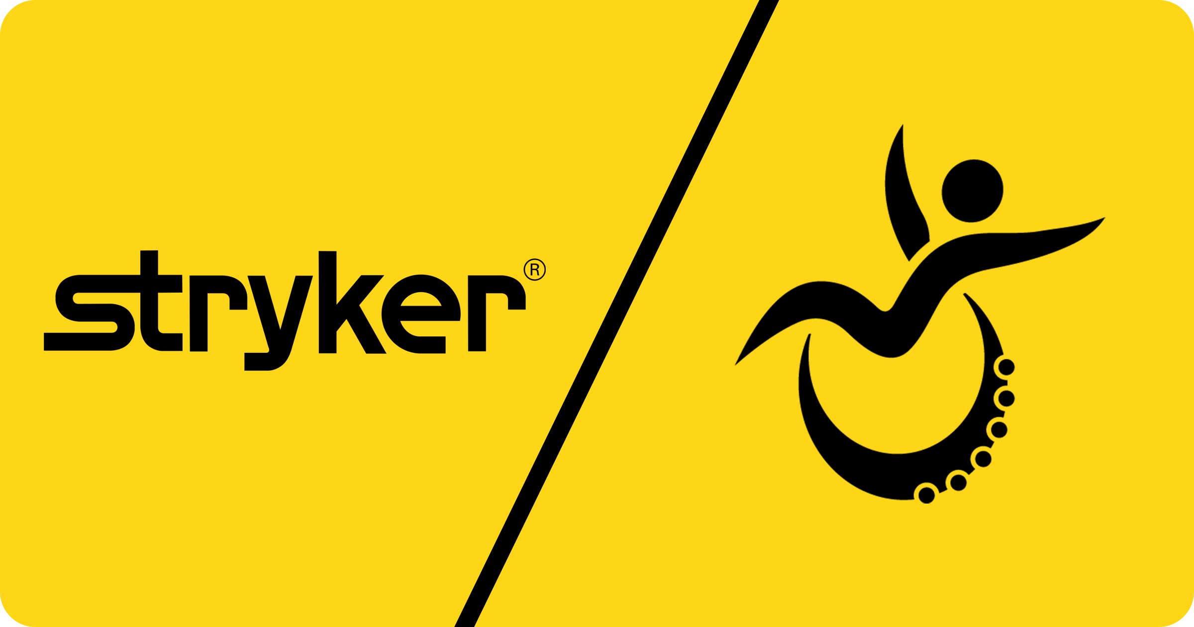 Yellow background with black line drawings of the Stryker logo and the Mobile Stairlift logo.