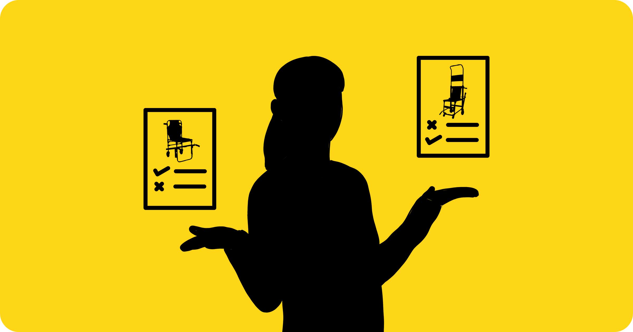 Yellow background and woman's silhouette judging two different emergency evacuation chairs